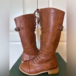 NWOT Women’s Brown Below the Knee Lace-up Boots with Buckle Straps, 7.5